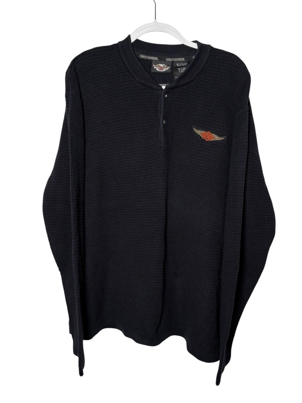 Harley-Davidson 2XL Black Thermal Waffle Knit Henley Shirt Made in Japan Patch